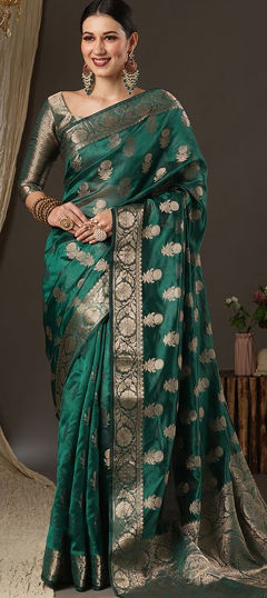 Green Khadi Organza Woven Jacquard Designer Traditional Festive Wear Saree