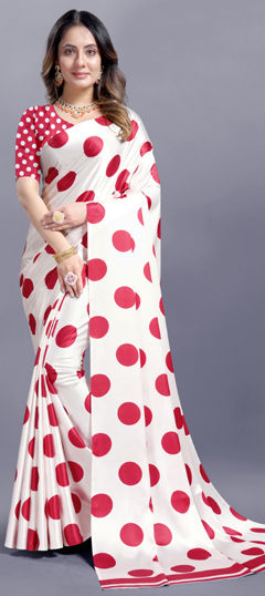 Off-White & Red Crepe Silk Readymade/Easy Saree