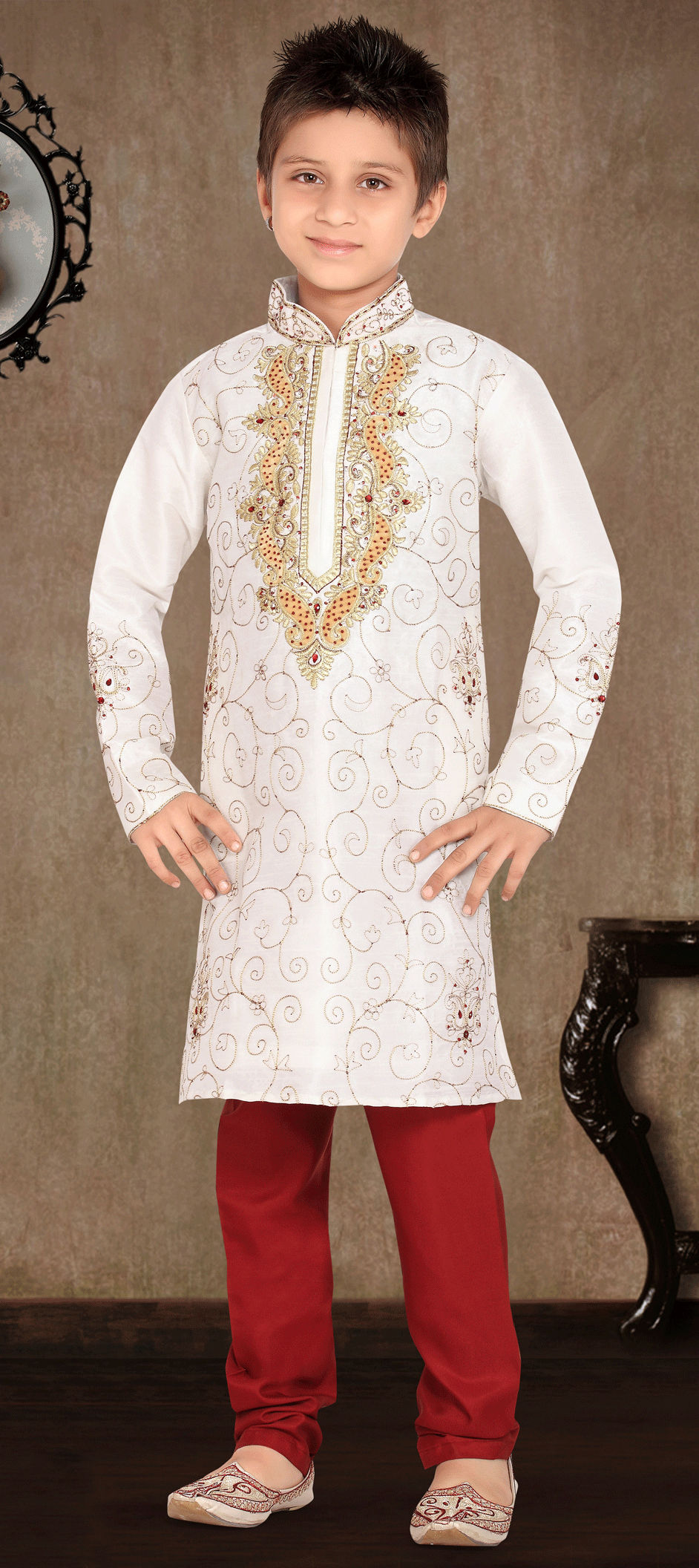 200875: White and Off White color Art Dupion Silk fabric Boys Sherwani