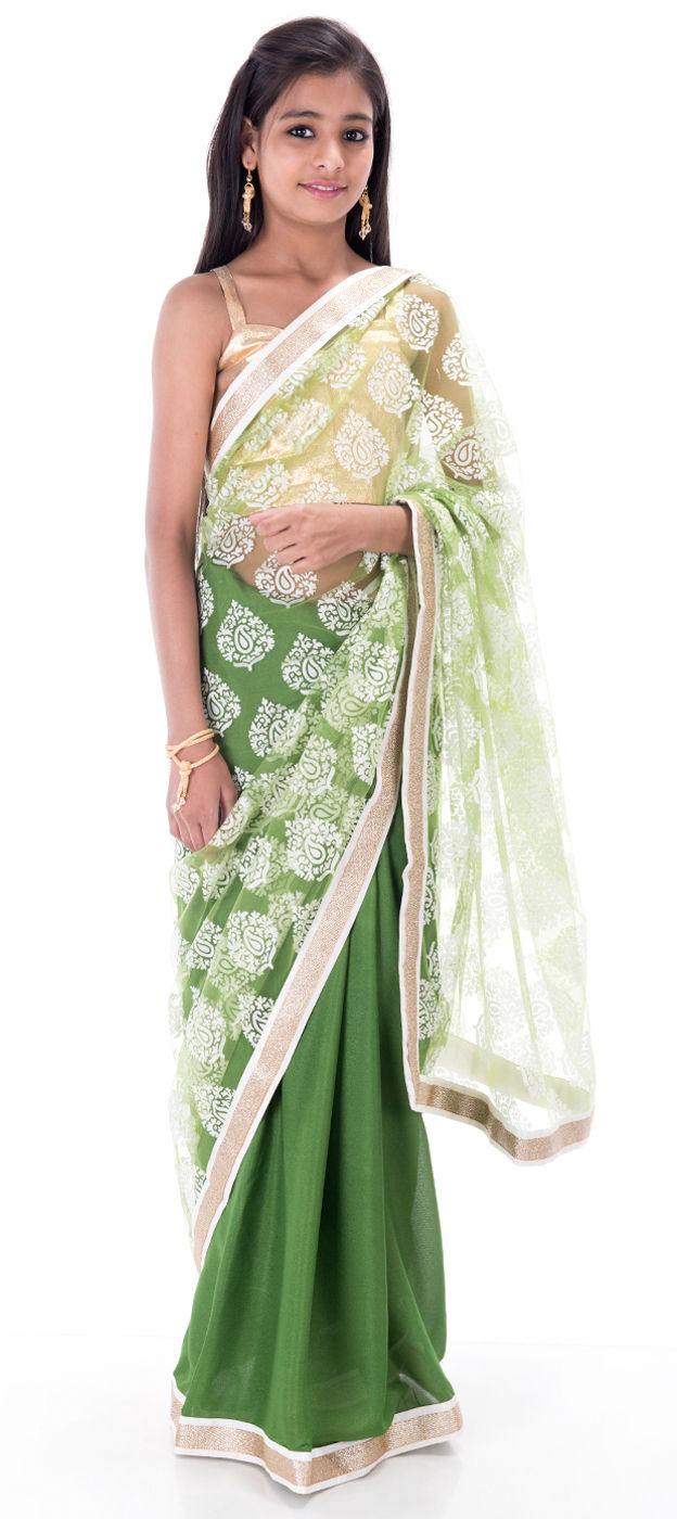 Casal White and Green Printed Satin Silk Saree – MySilkLove