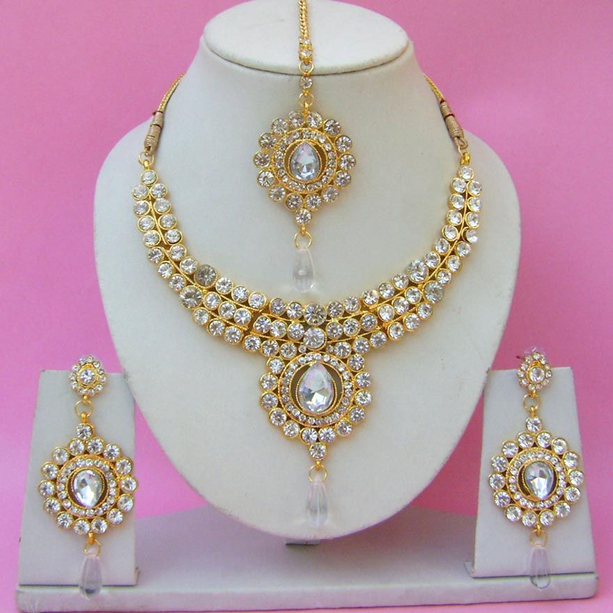 301568: Gold Rodium Polish Necklace set with Earring, Mang Tikka in ...