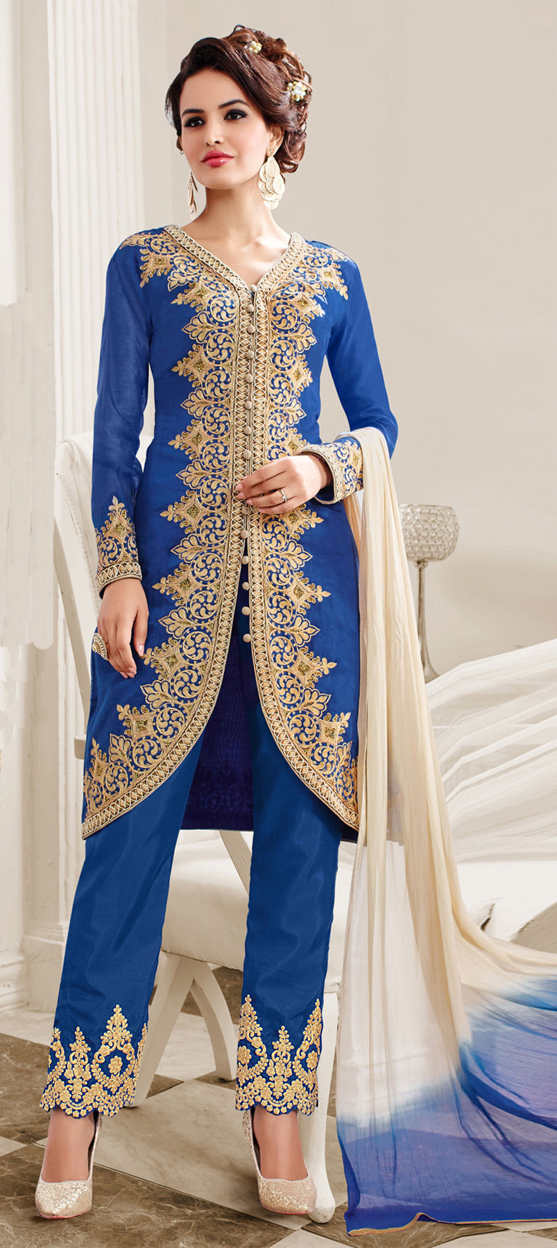 470915: Blue color family unstitched Cotton Salwar Kameez, Party Wear Salwar Kameez