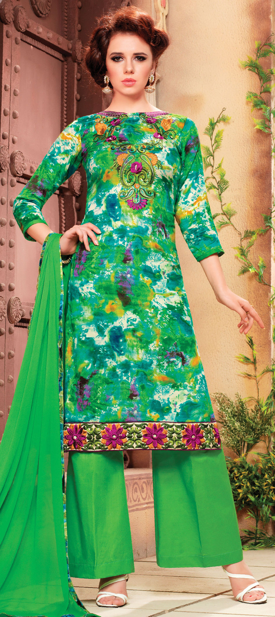 472838: Green color family unstitched Cotton Salwar Kameez, Printed ...