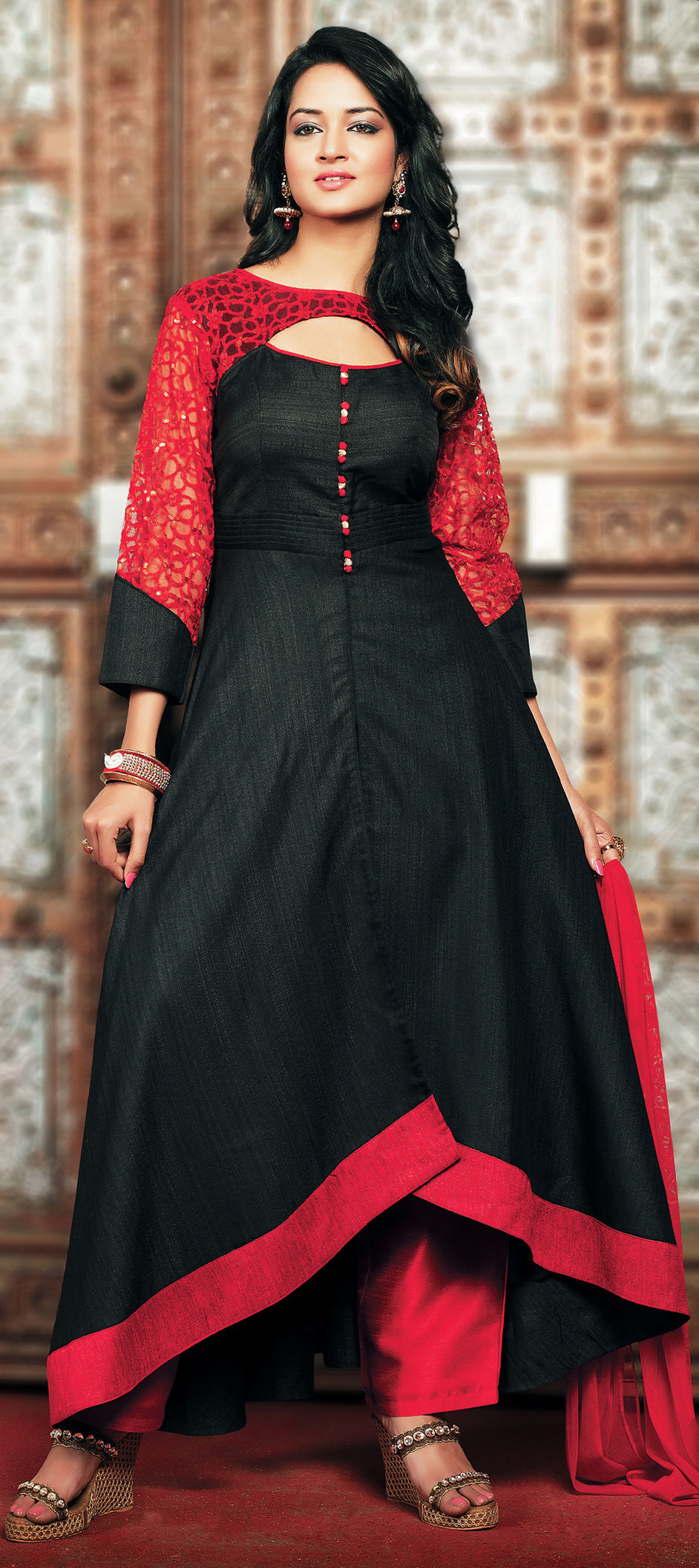 chinese dress ladies Black Anarkali with Golden Brocade Yoke & Border – Maybell Womens Fashion main image 1