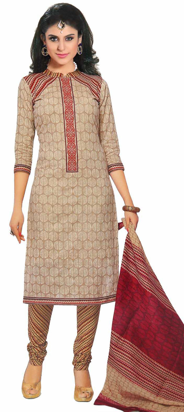 476368: Beige and Brown color family unstitched Cotton Salwar Kameez ...