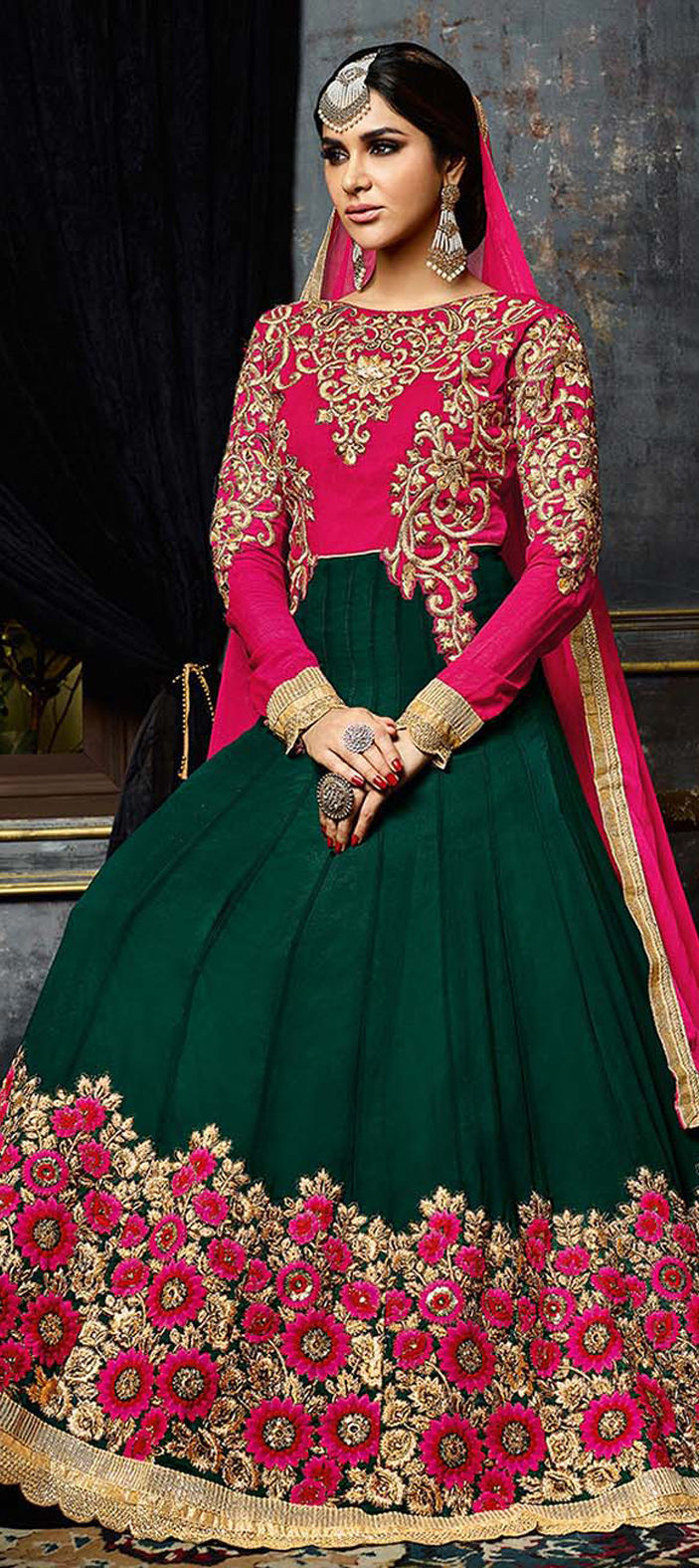 green and pink dress combination Dark Green & Rani Pink Kurta Pant Dupatta Set – AGASHE main image 1