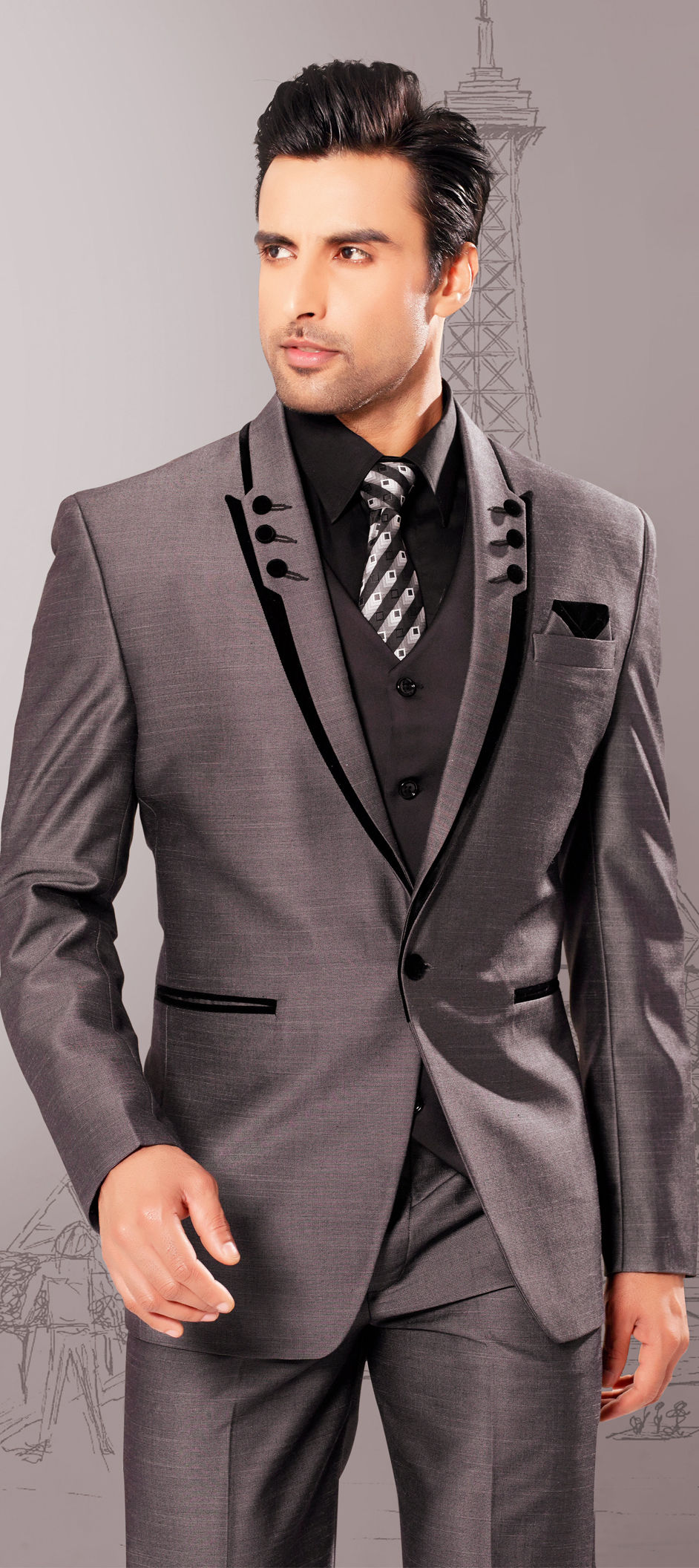 500054 Black and Grey color family stitched 3 Piece Suit
