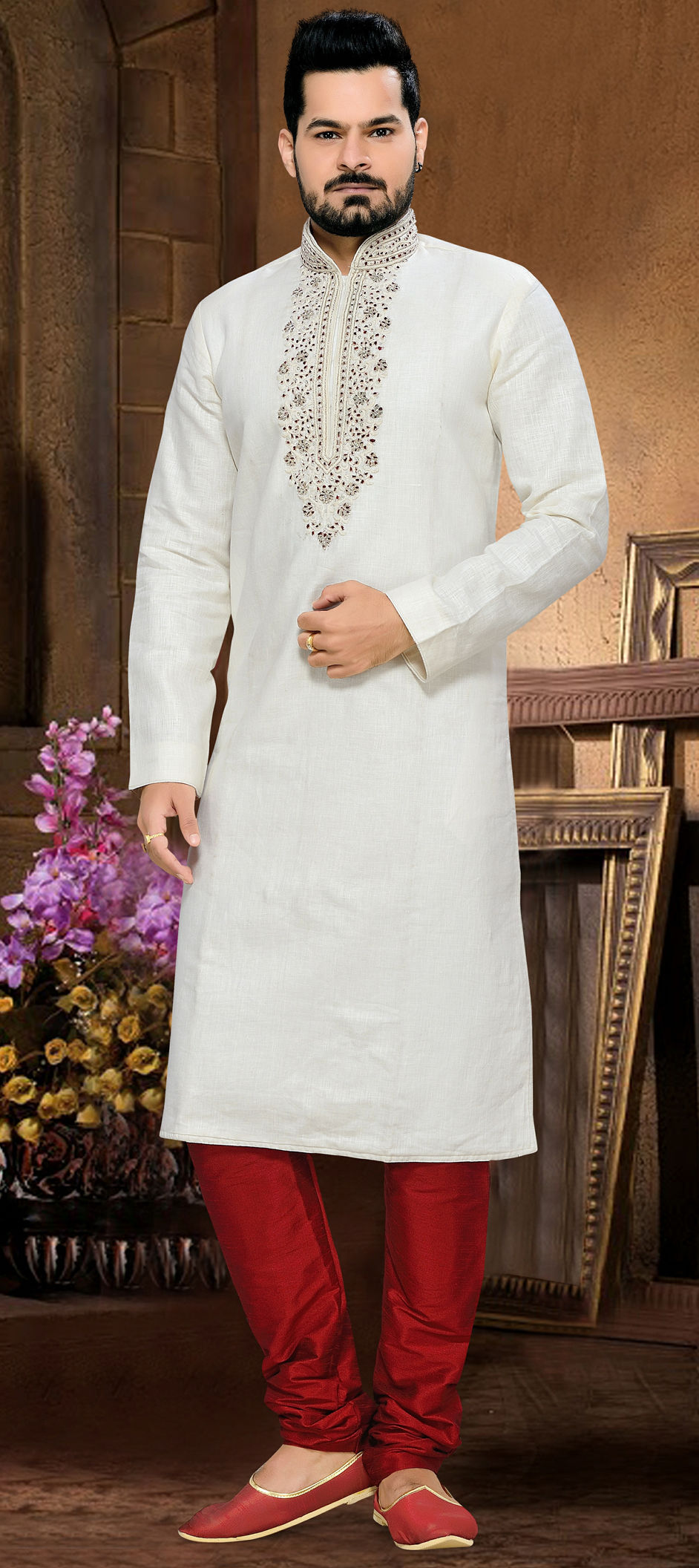 501823: White and Off White color Cotton fabric Kurta Pyjamas