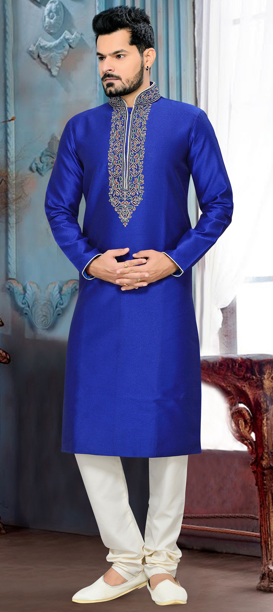 501832 Blue color Silk cotton fabric Kurta Pyjamas