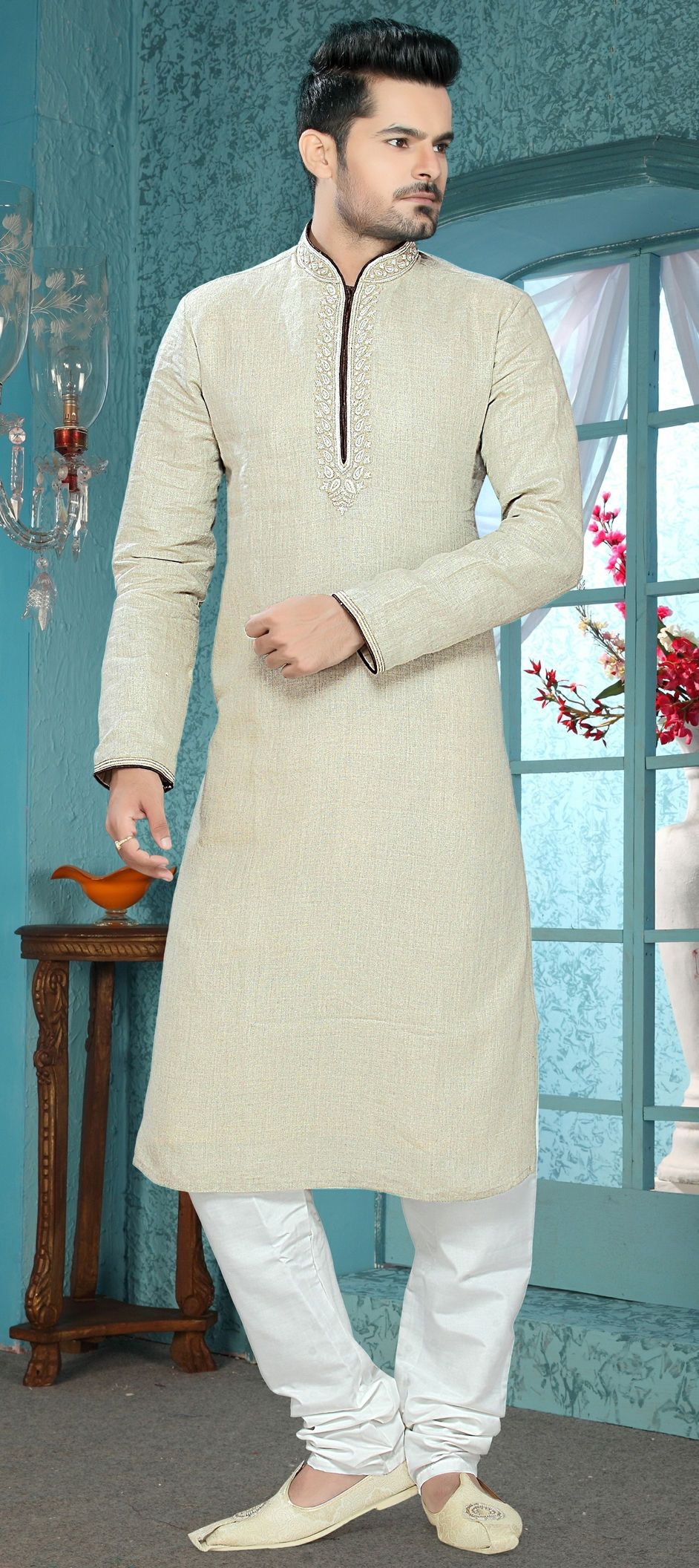Black and Grey color Linen fabric Kurta Pyjamas 501865