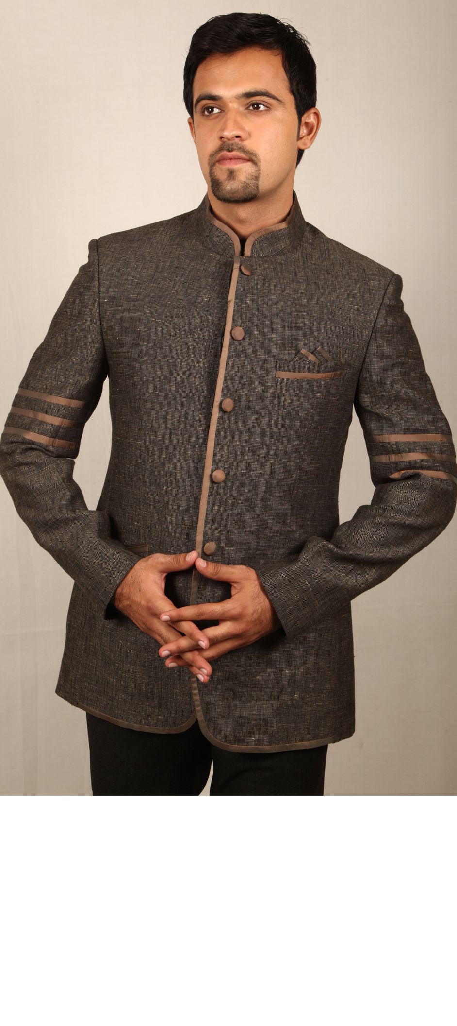 502702 Black and Grey color Jute, Khadi fabric Jodhpuri Suit