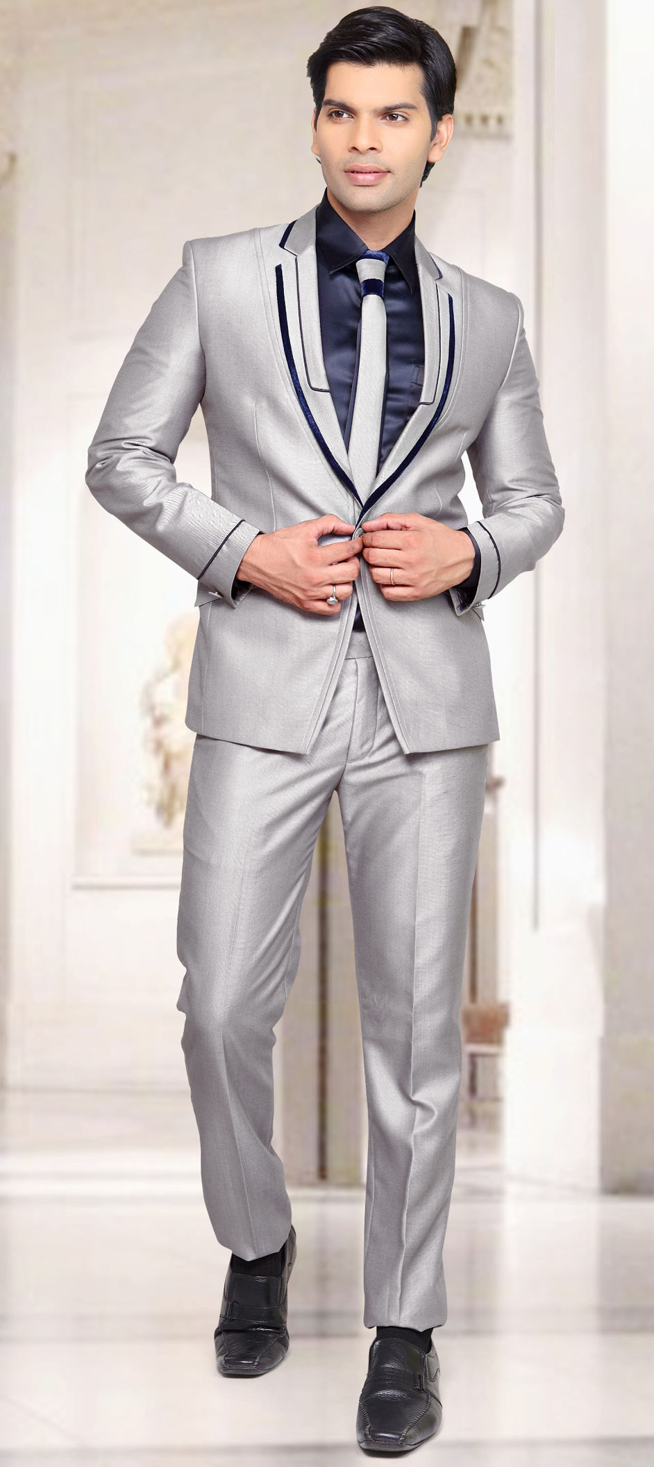 Brocade 2 Piece Suit (with shirt) in Silver with Thread work