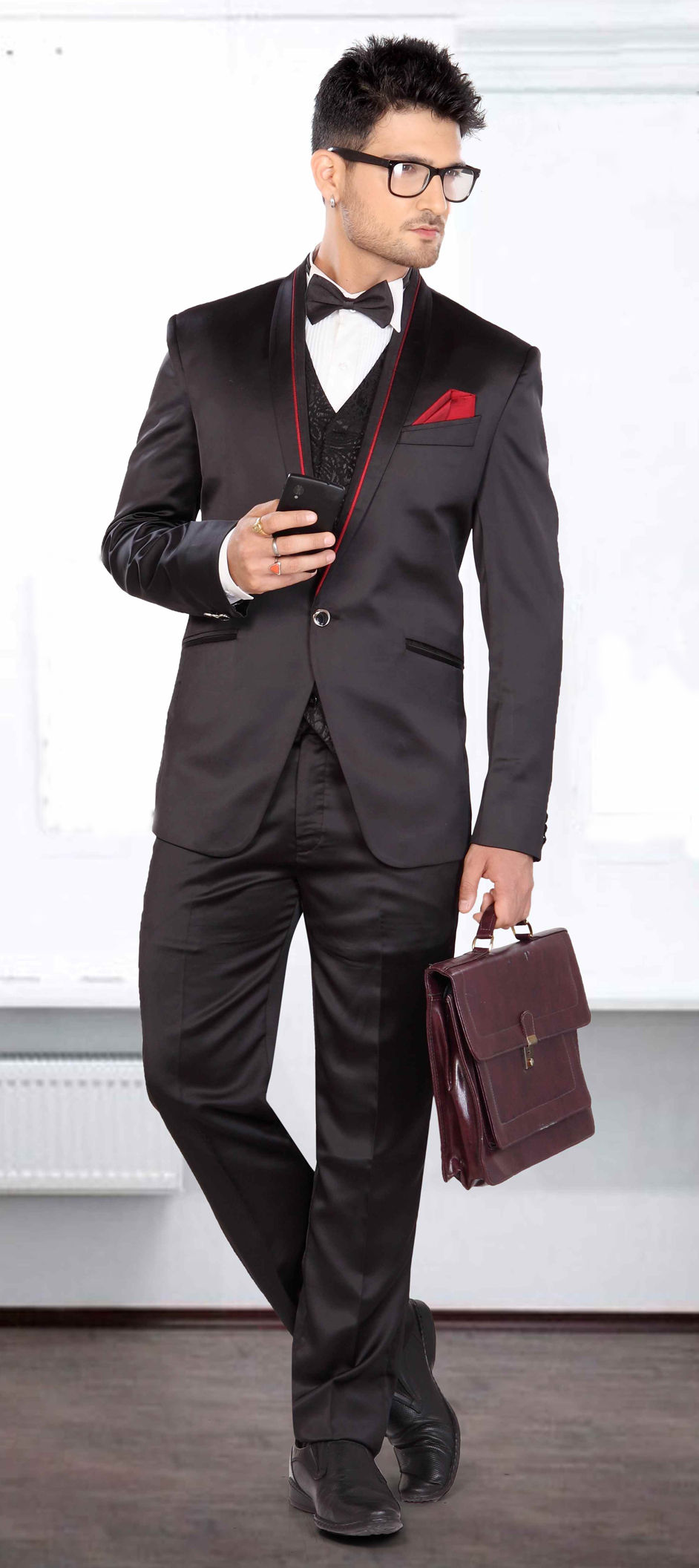 Black and Grey color Satin Silk fabric 3 Piece Suit (with shirt) 503922