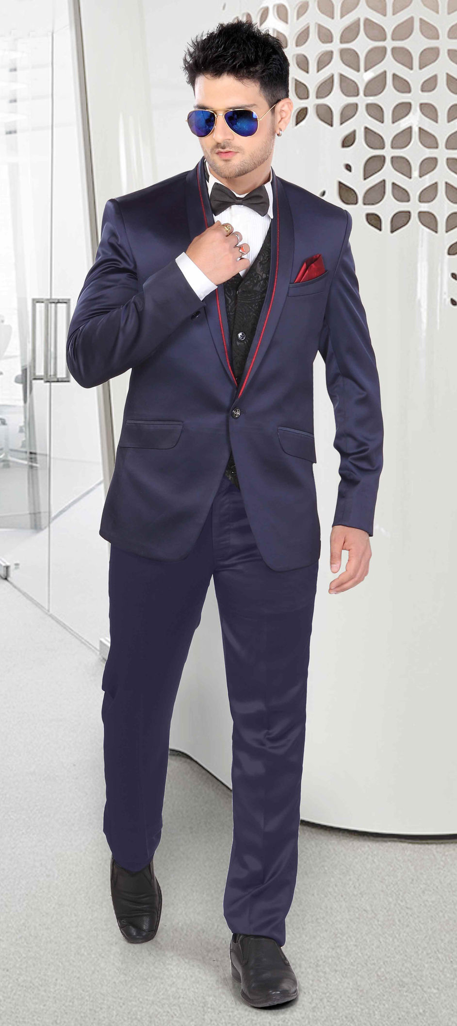 503923 Blue color Satin Silk fabric 3 Piece Suit (with shirt)