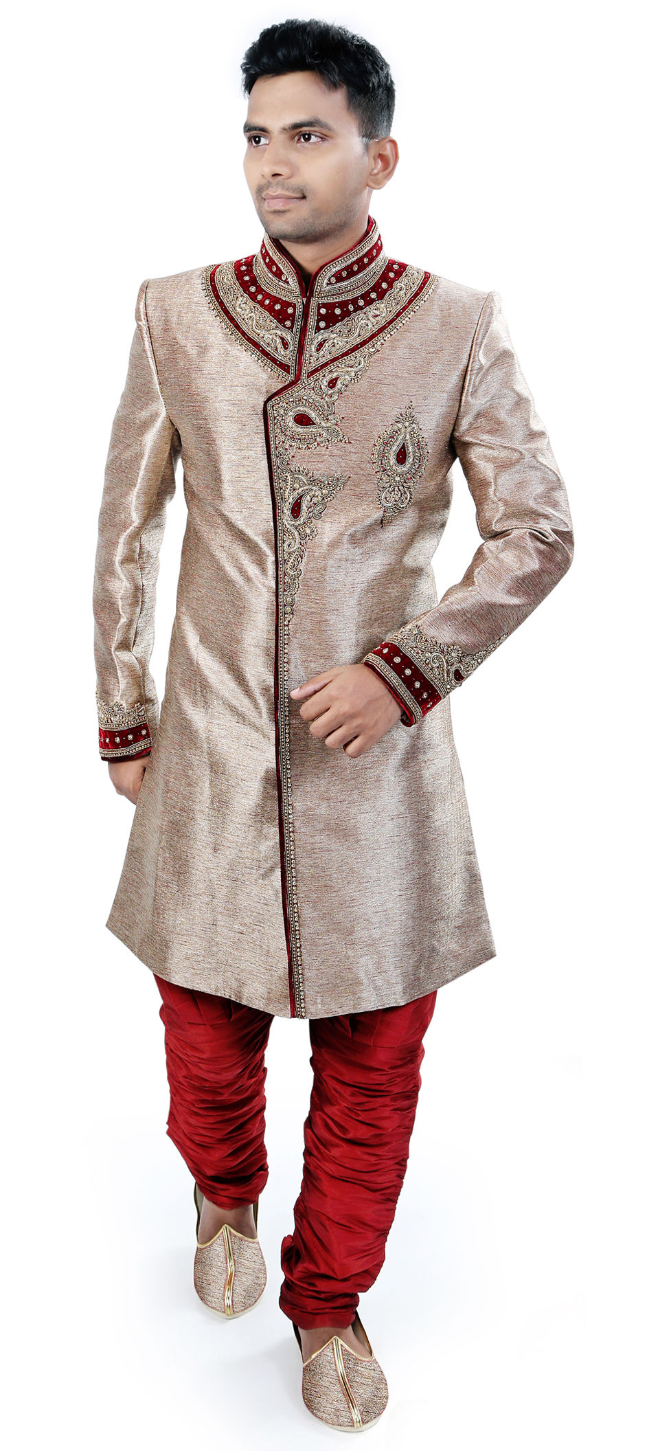 504569: Beige and Brown color Jute, Silk fabric Sherwani