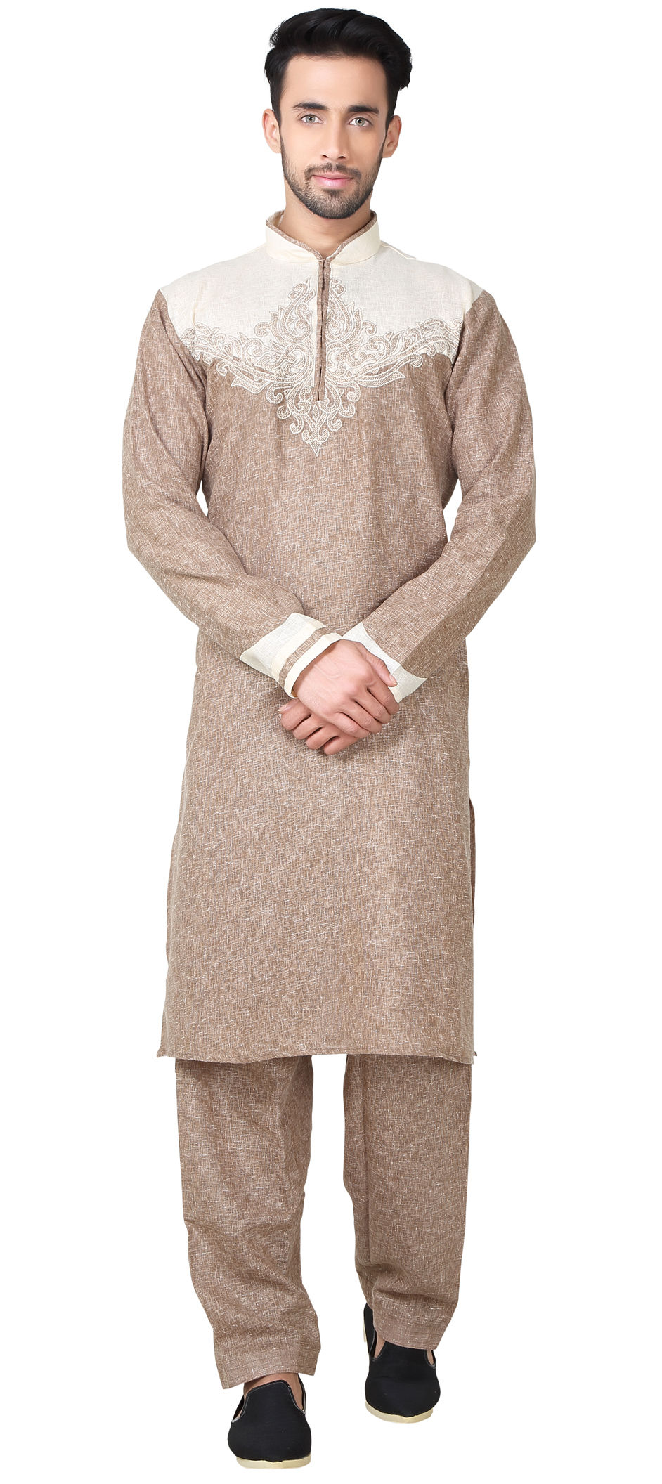 Beige and Brown color Cotton Linen fabric Pathani Suit 505986