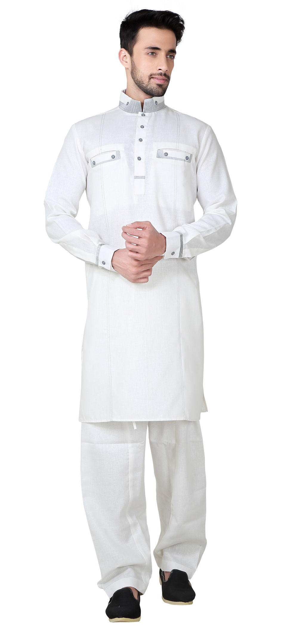 505991 White and Off White color Cotton Linen fabric Pathani Suit