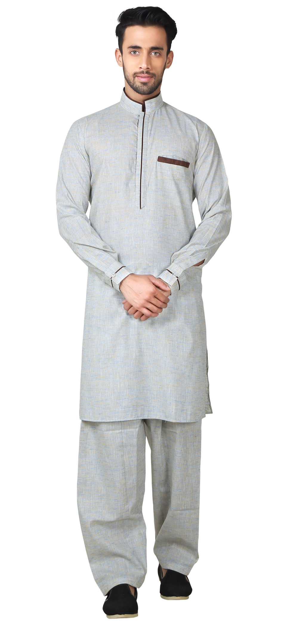 505995 Black and Grey color Cotton Linen fabric Pathani Suit