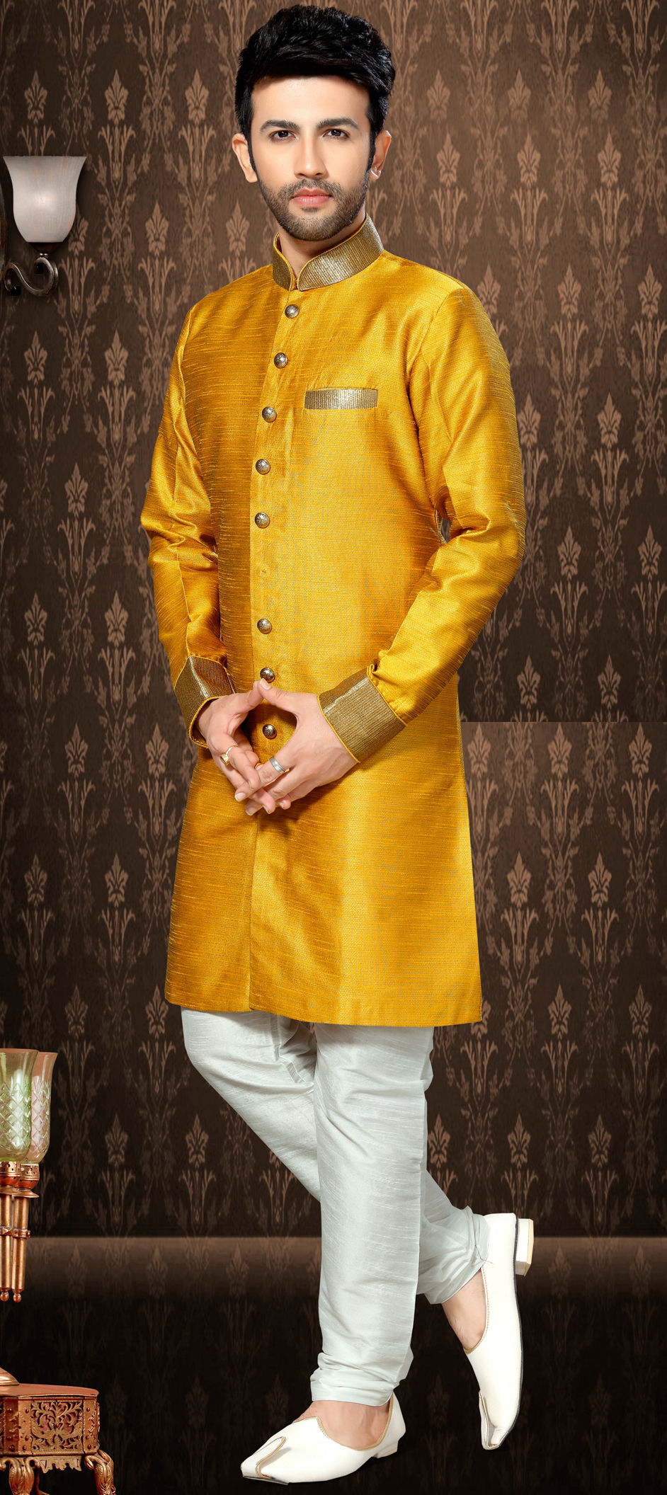 Gold Color Silk Fabric Sherwani 506047 8684