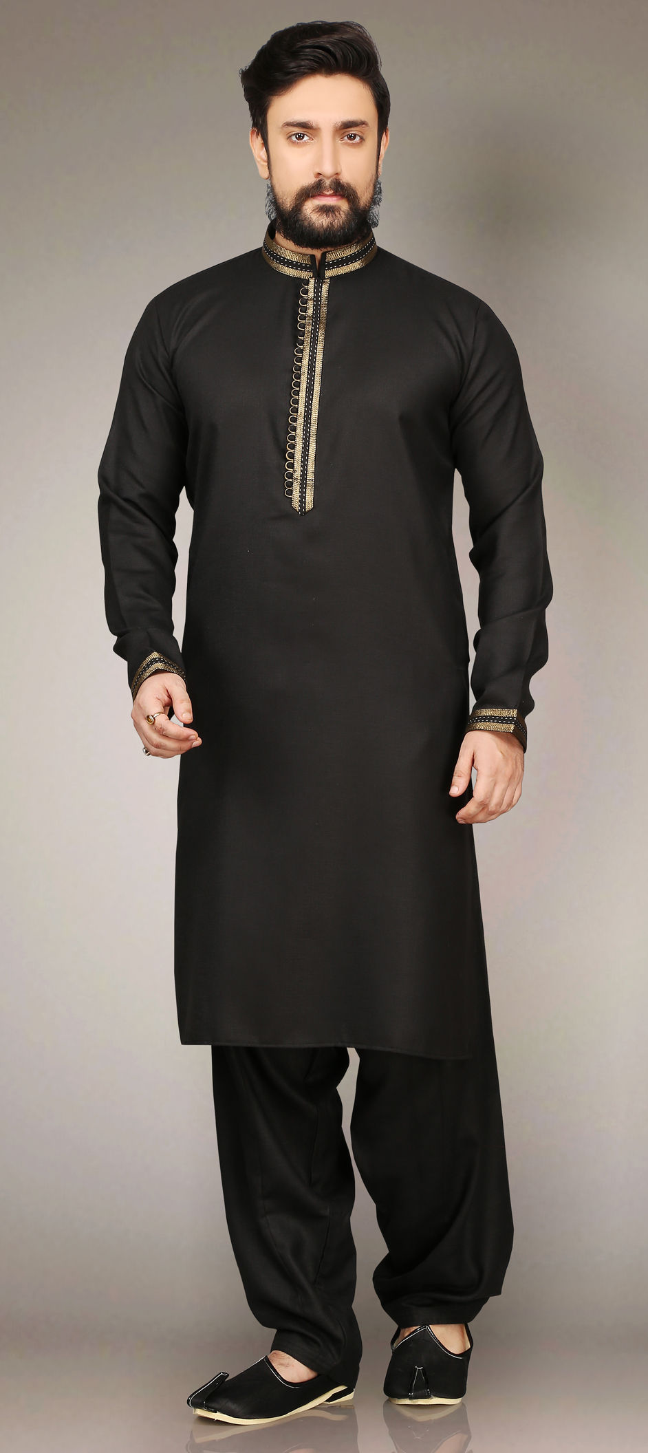 506826: Black and Grey color family stitched Kurta Pyjamas