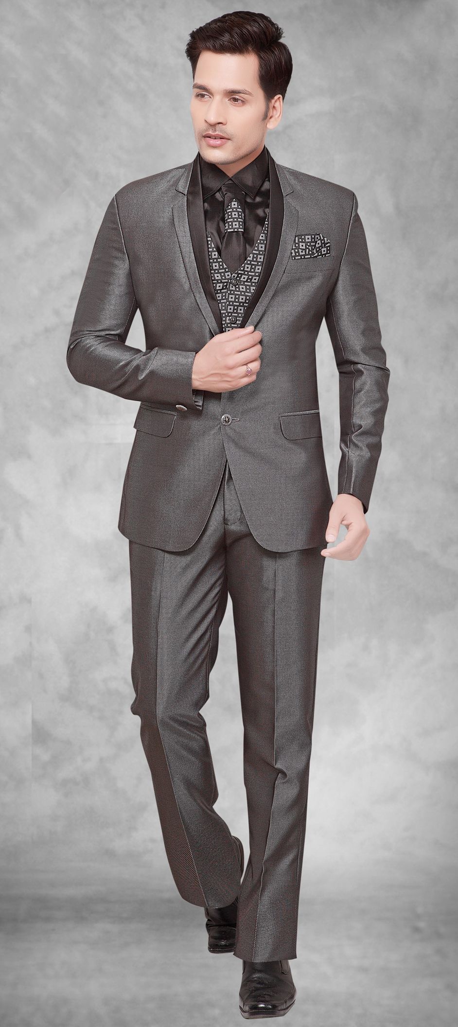 507758: Black and Grey color Brocade fabric 3 Piece Suit (with shirt)