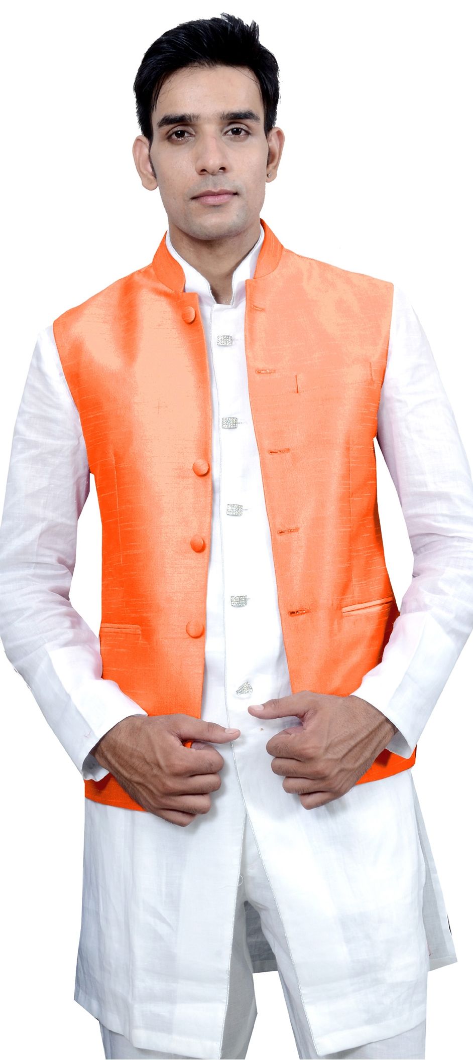 Orange, White and Off White color Cotton, Silk fabric Kurta Pyjama