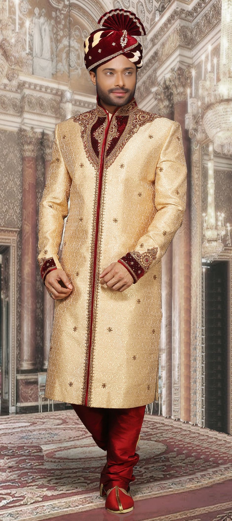 508353: Beige and Brown color Brocade fabric Sherwani