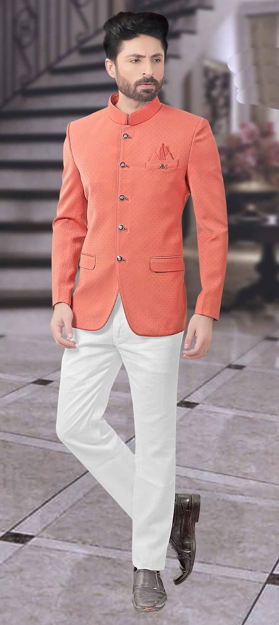 508733: Orange color Imported fabric Jodhpuri Suit