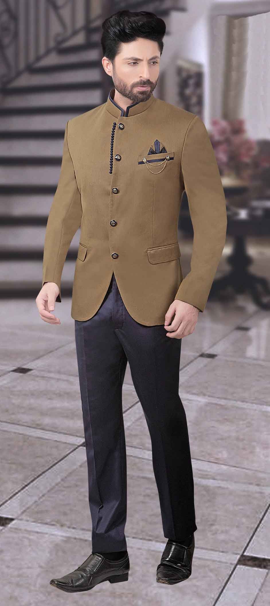 Beige and Brown color Brocade fabric Jodhpuri Suit 508740