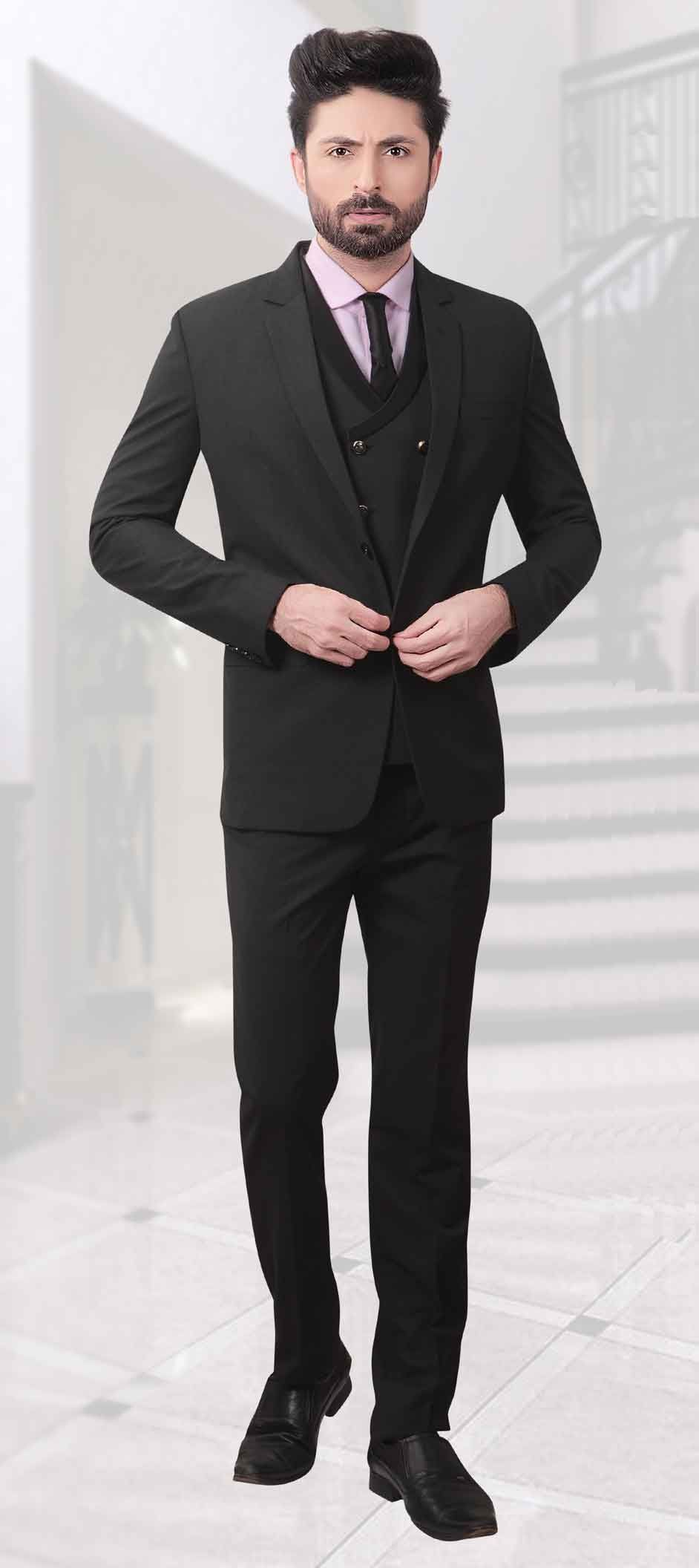 508742: Black and Grey color Brocade fabric 3 Piece Suit (with shirt)