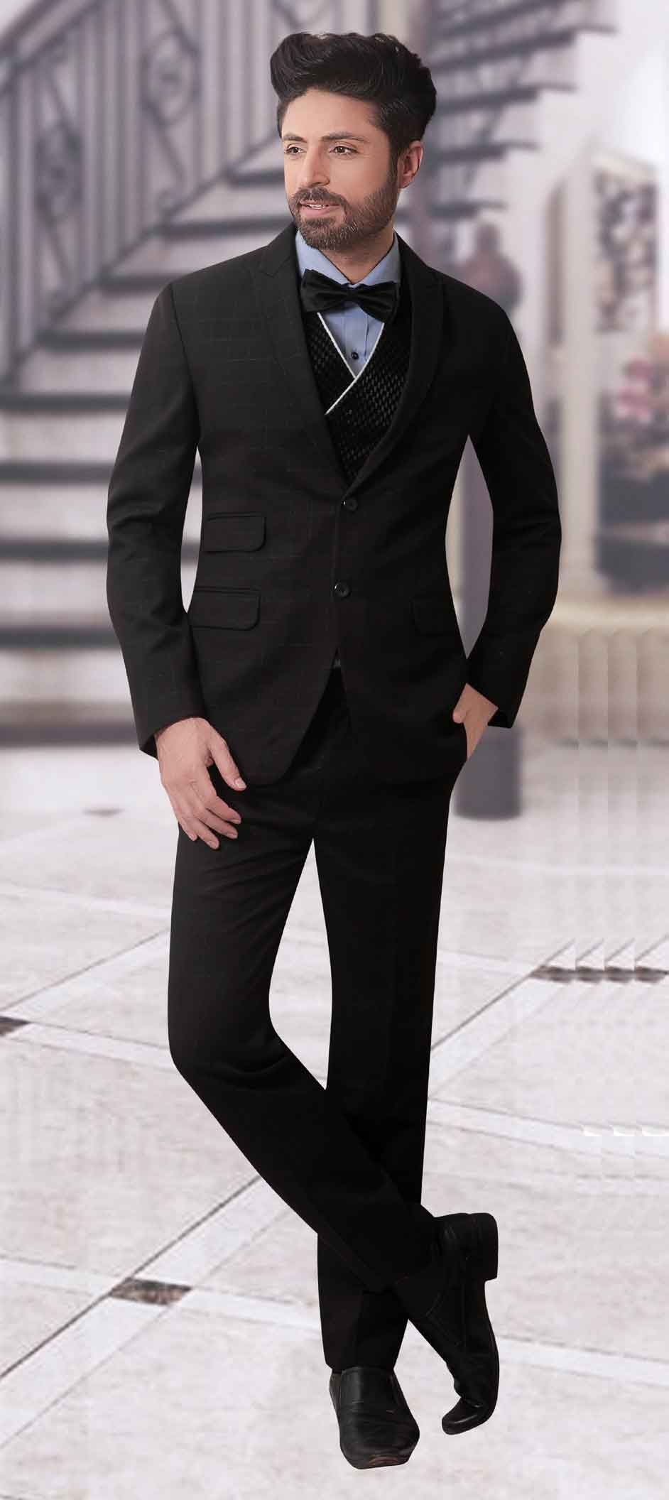 508743: Black and Grey color Brocade fabric 3 Piece Suit (with shirt)