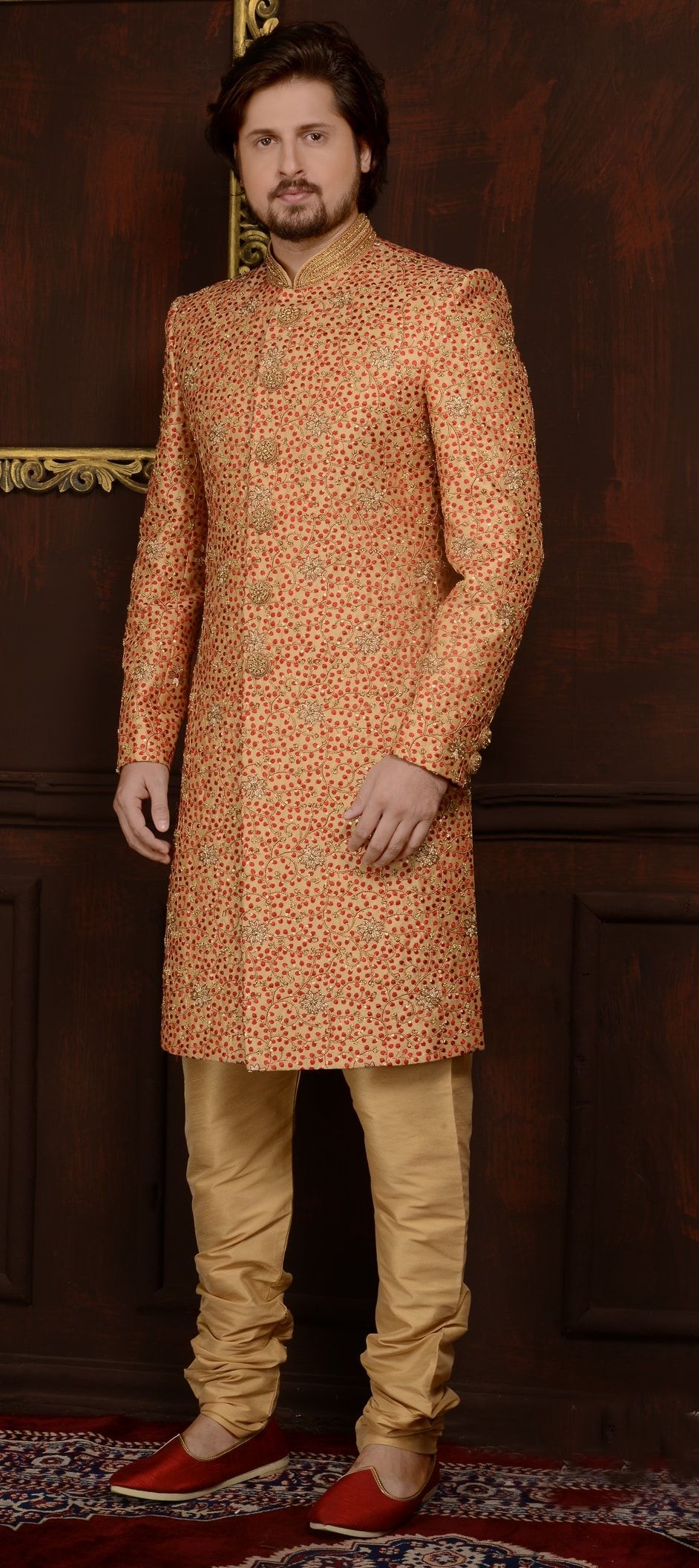 508925 Gold Color Banarasi Silk Fabric Sherwani 5084