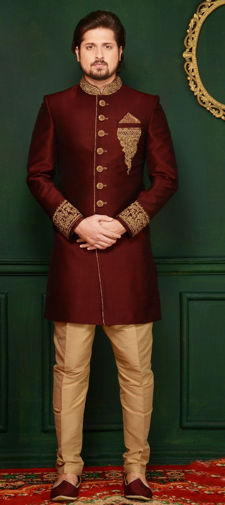 Red And Maroon Color Banarasi Silk Fabric Sherwani