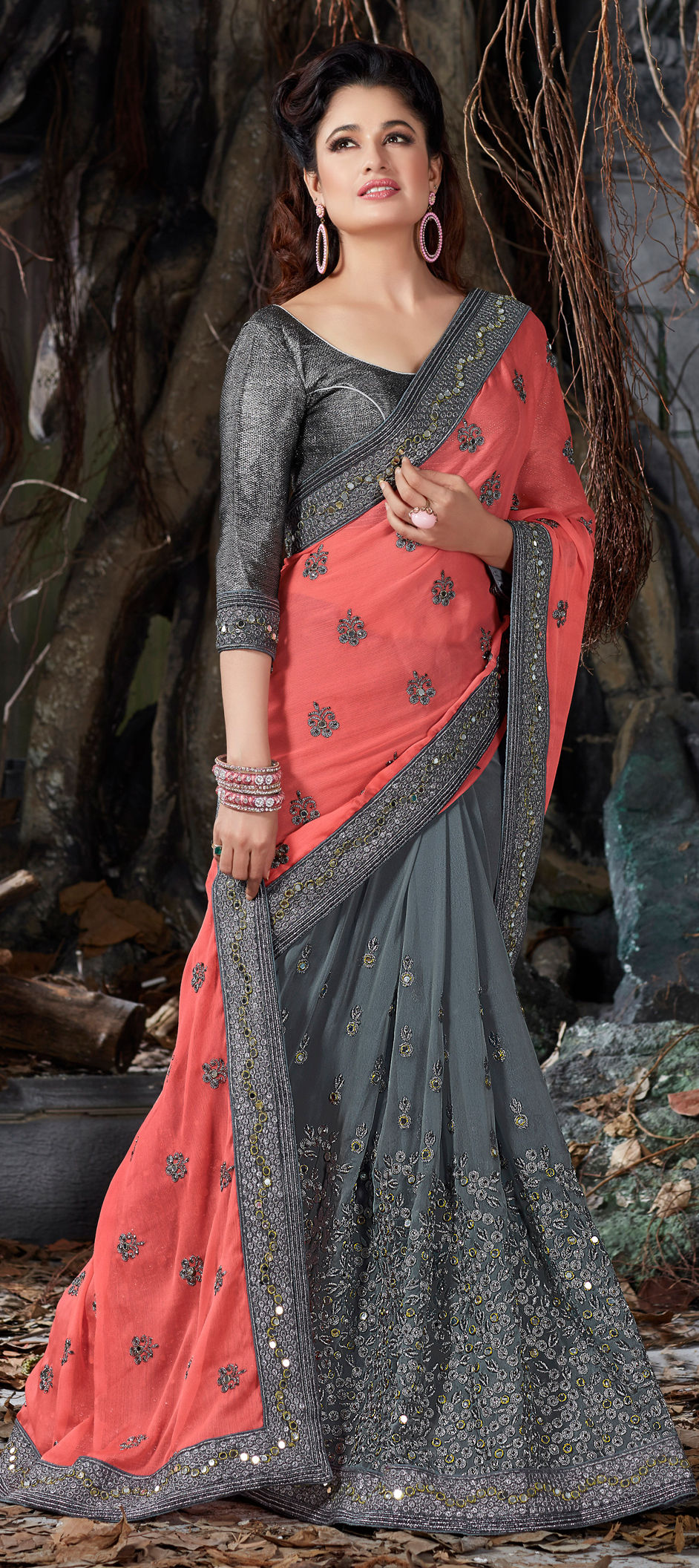 718109: Black and Grey, Pink and Majenta color family Embroidered Sarees, Party Wear Sarees with 