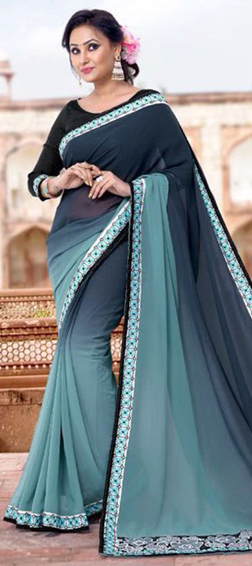 718200: Black and Grey, Blue color family Embroidered Sarees, Party ...