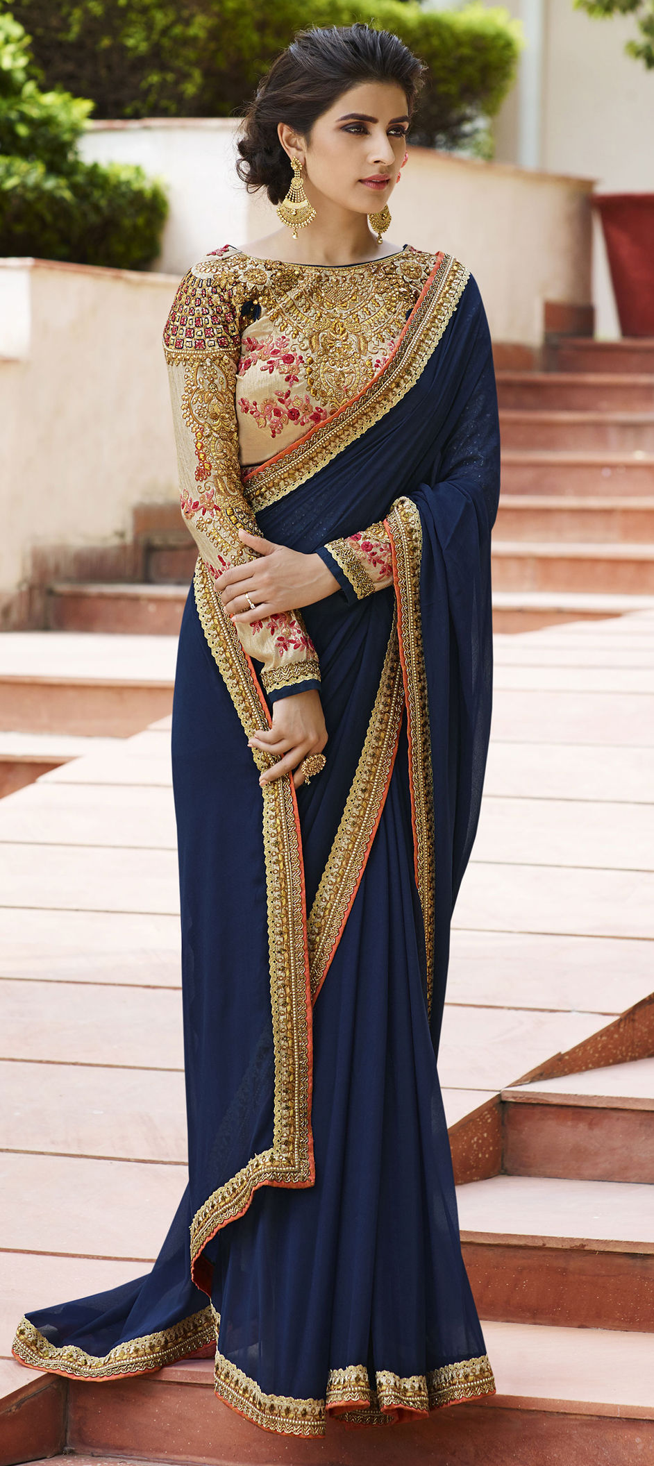 722289: Blue color family Embroidered Sarees, Silk
