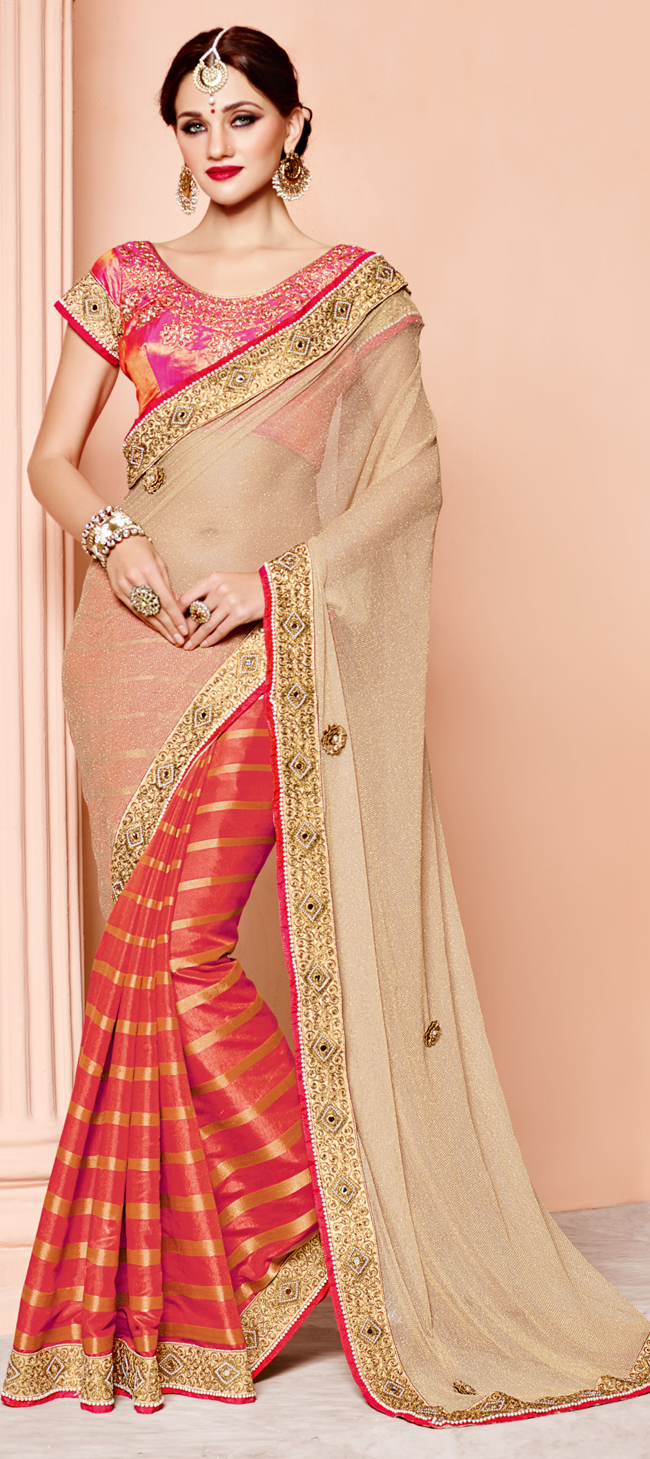 723664 Beige and Brown,Red and Maroon color family Embroidered Sarees