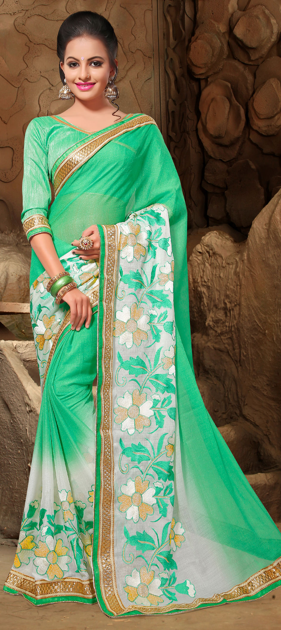 off white and green silk saree