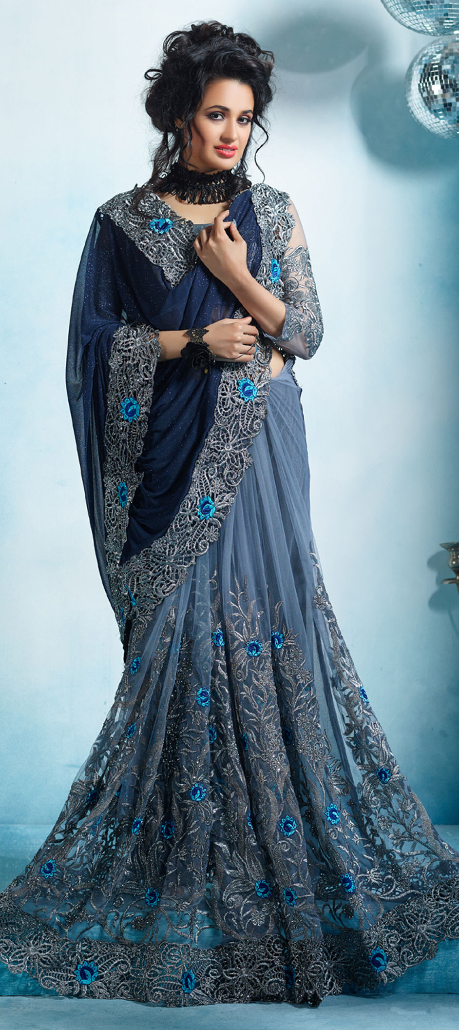 732903: Black and Grey, Blue color family Embroidered Sarees, Party ...