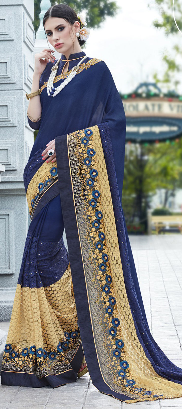735999: Beige and Brown, Blue color family Embroidered Sarees, Party ...