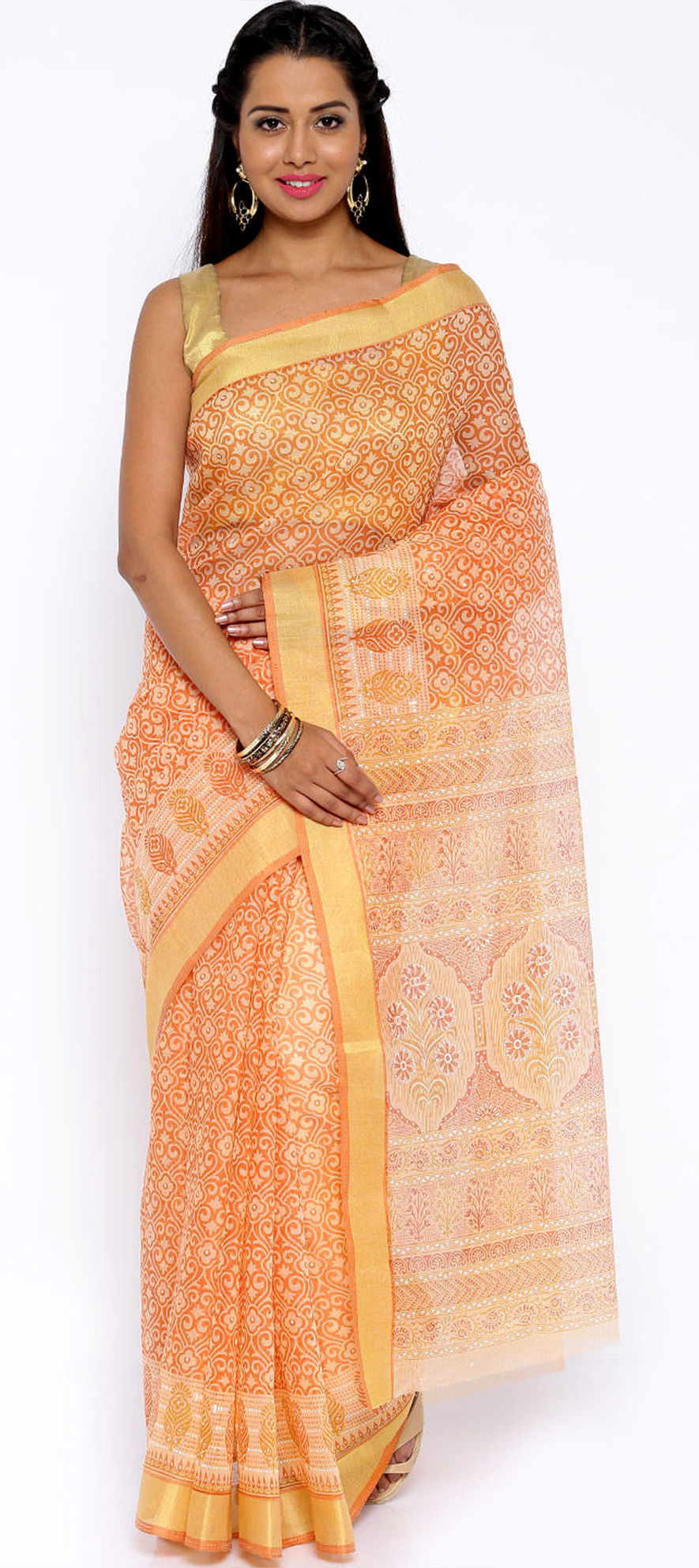 737143: Orange color family Printed Sarees,Silk Sarees with matching ...