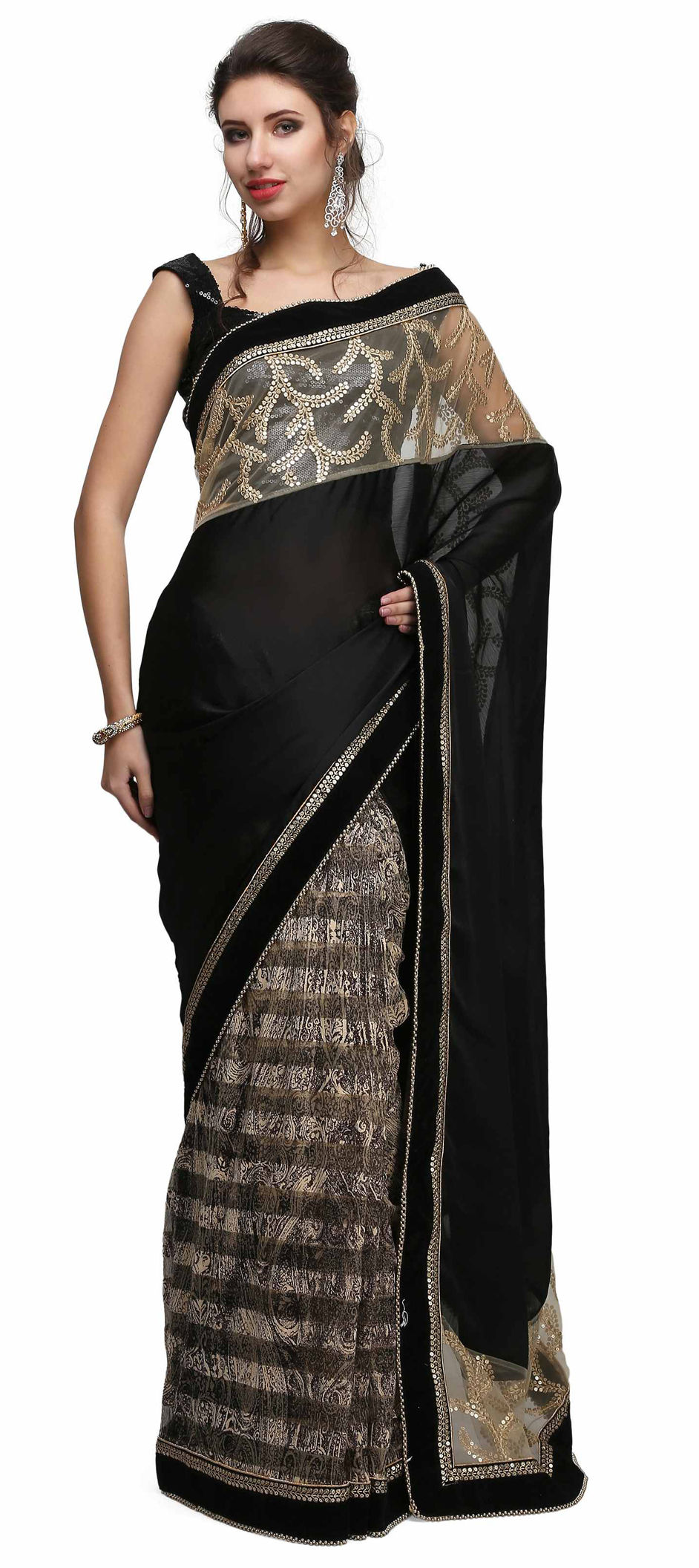 737953 Black and Grey color family Embroidered Sarees, Party Wear