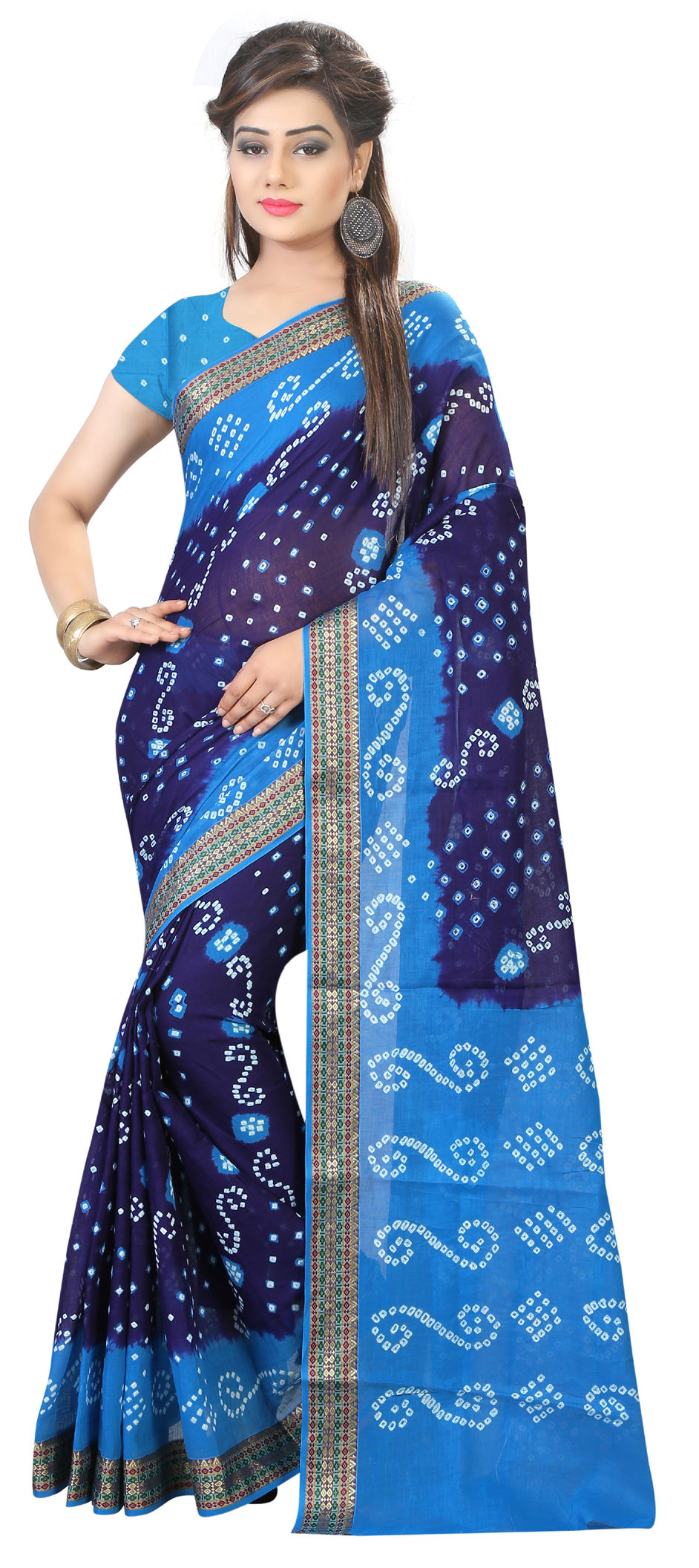 Girls Blue & White Printed Bandhej Saree With Blouse