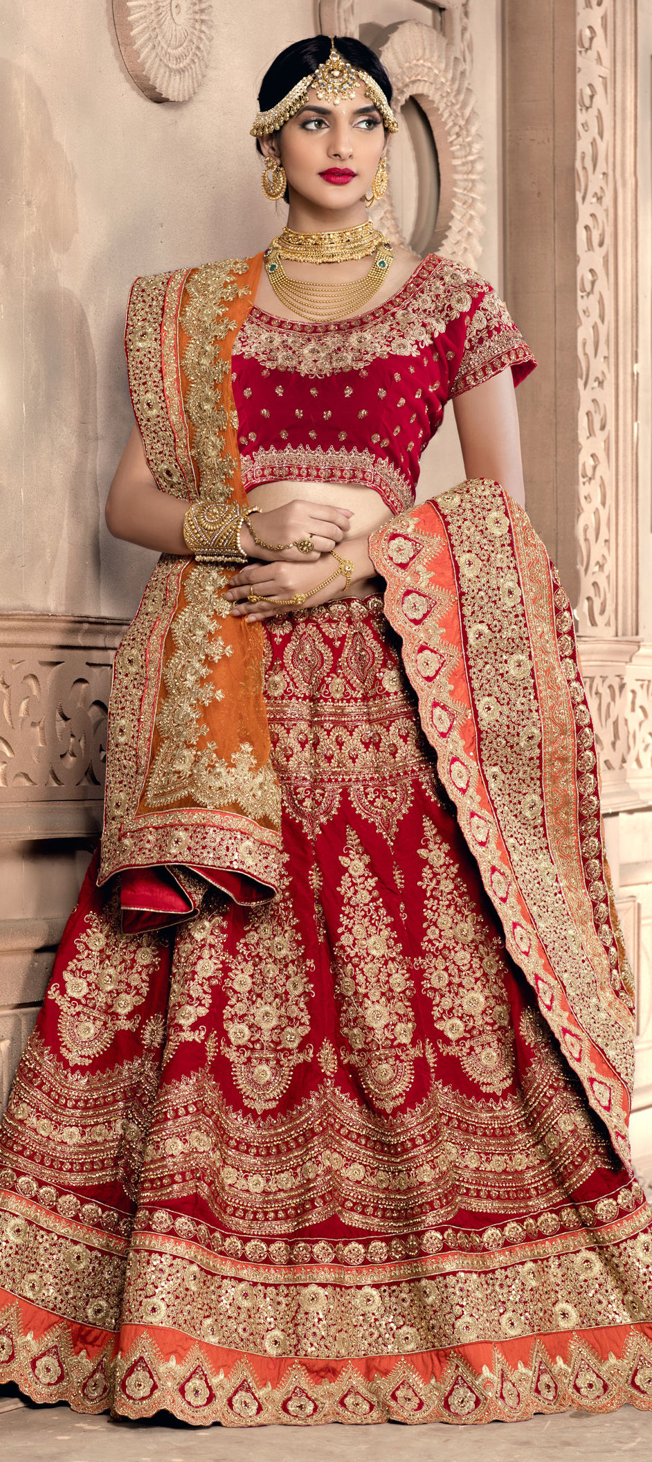 Designer Bridal lehenga With Velvet Tomato Colour – Vmanshi Fashion