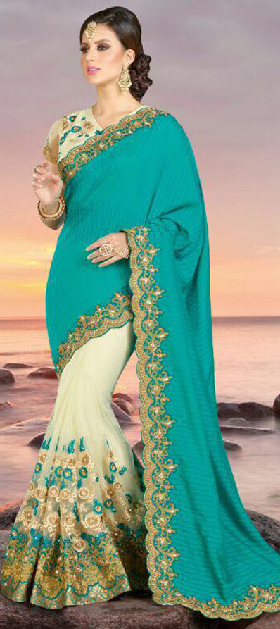 blue and off white saree