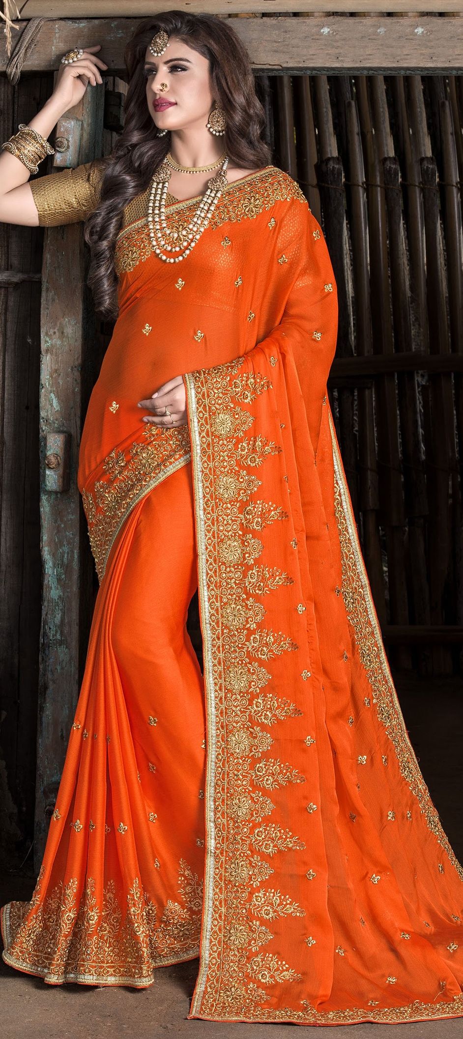 739021: Orange color family Embroidered Sarees, Party Wear Sarees