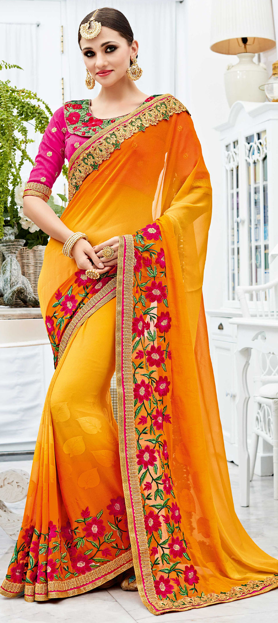 740108 Orange, Yellow color family Embroidered Sarees, Party Wear
