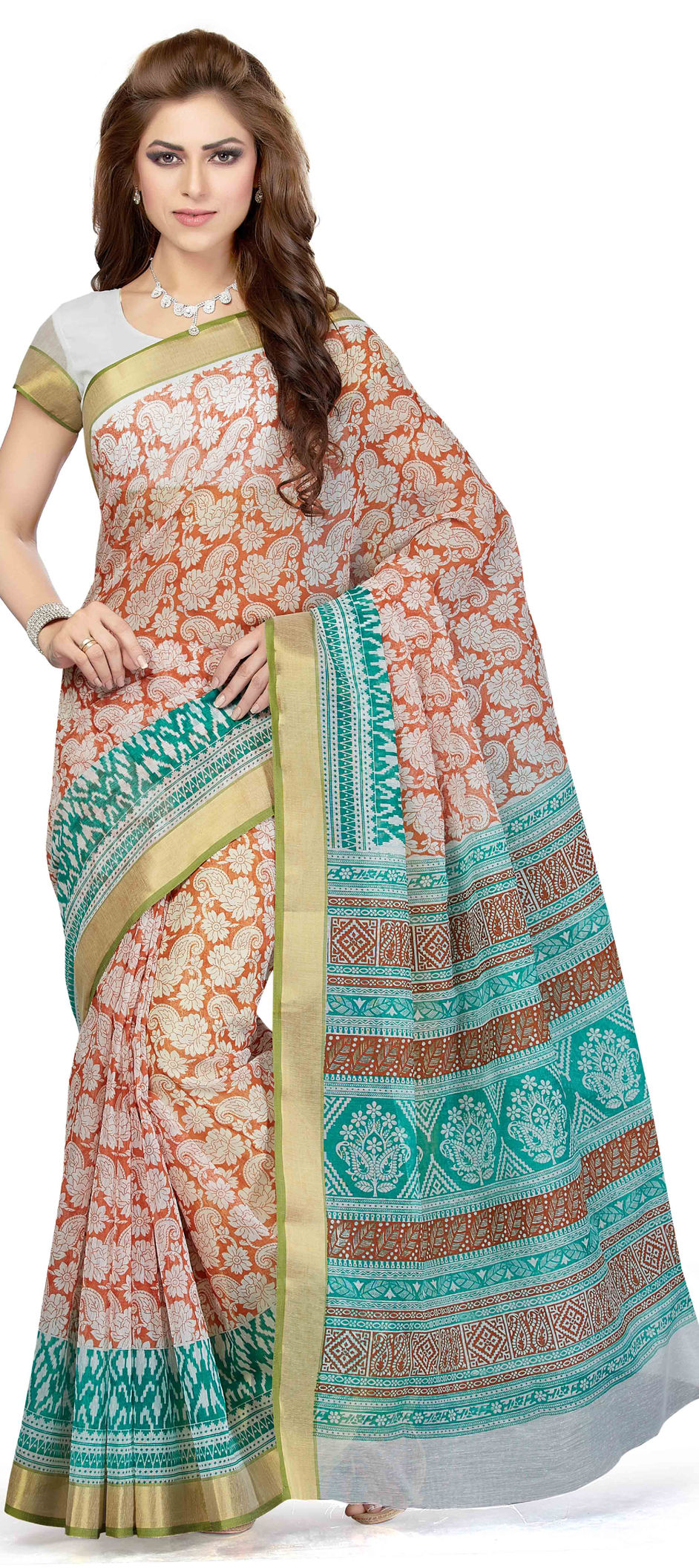 Women Multicolor Cotton Blend Printed Saree With Unstitched Blouse