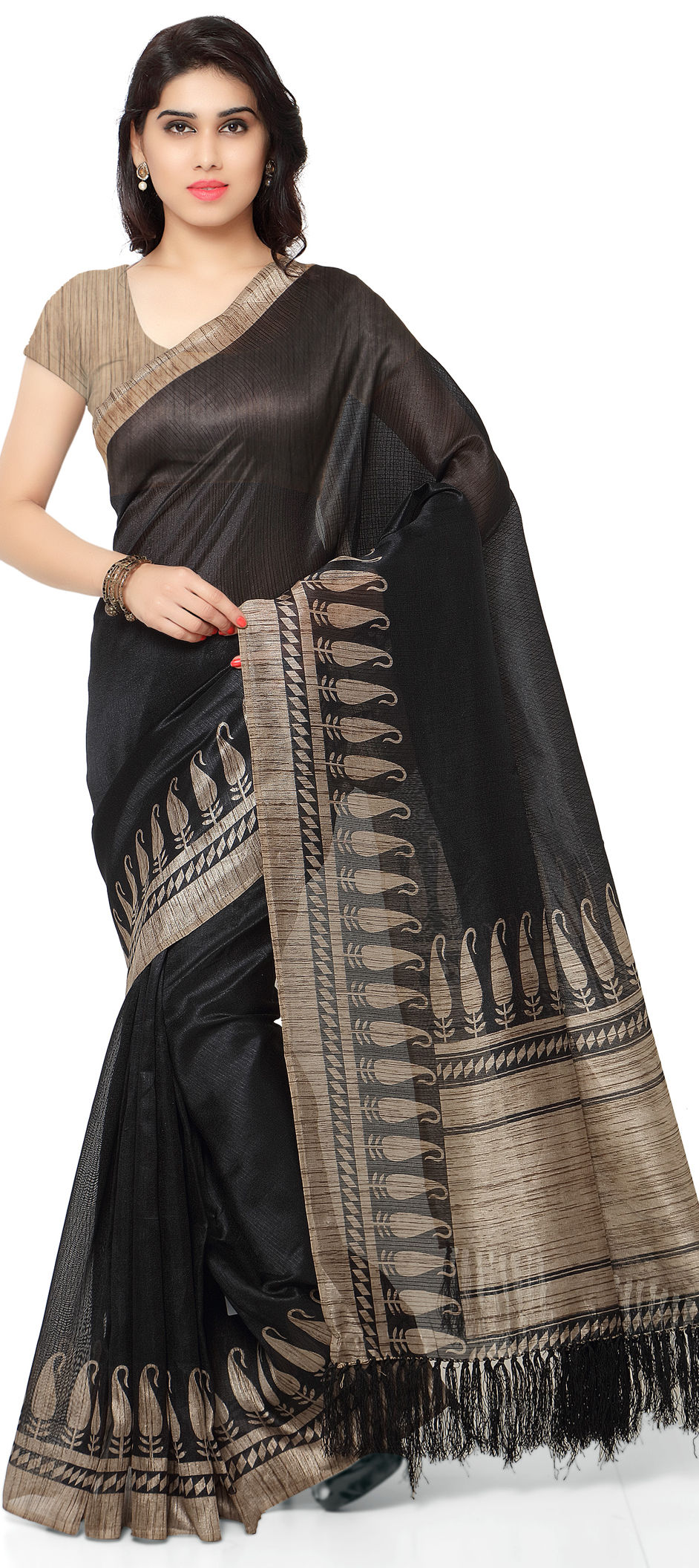 740571 Black and Grey color family Printed Sarees, Silk Sarees