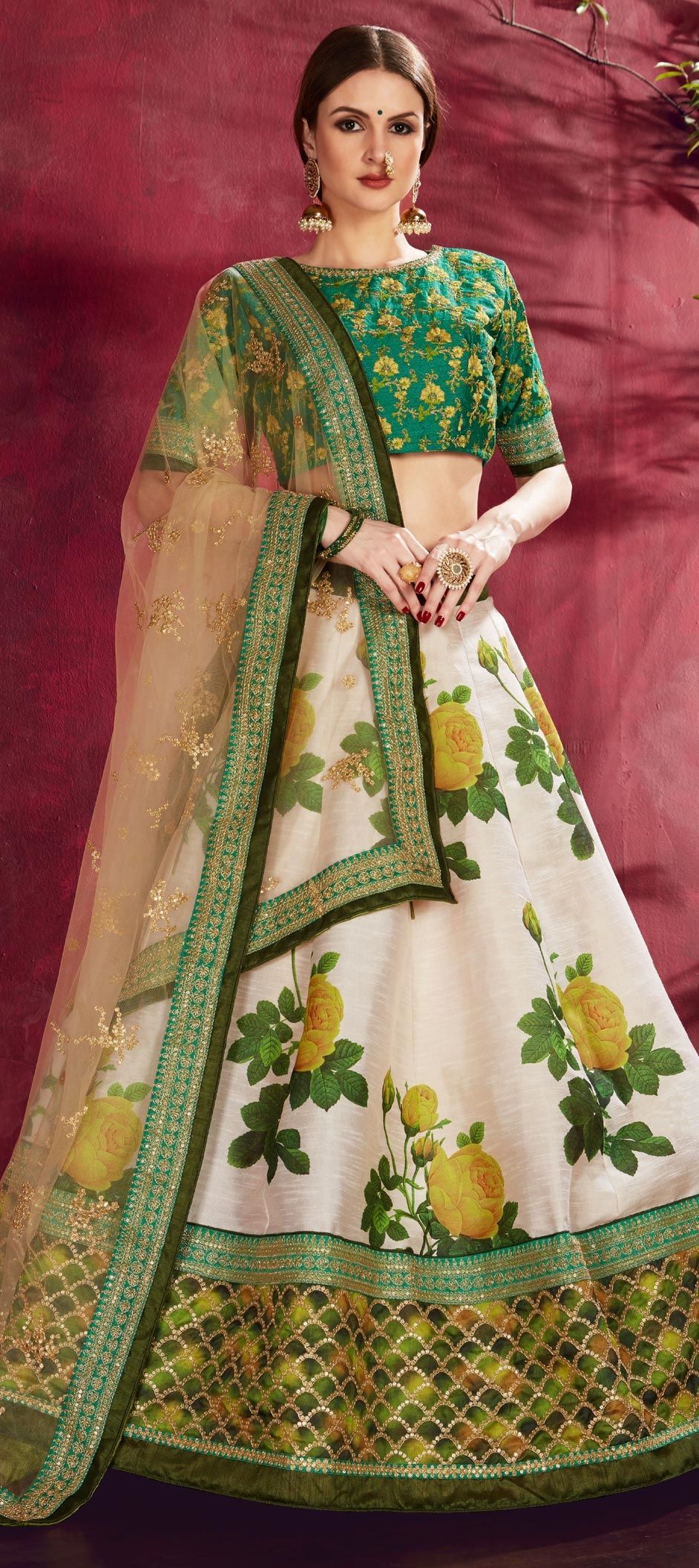 Pista Green Organza Floral Lehenga Choli 269557